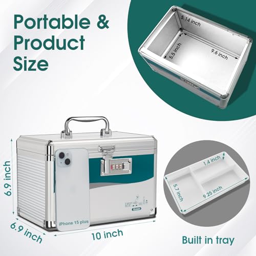 Glosen Medicine Lock Box with Code, 2-Layer Aluminum Alloy Medicine Organizer Box with Removable Tray, Portable Medication Lock Box with Shoulder Strap for Home Safety, Travel & Office (10x6.7x6.7In) - size: Small-10in