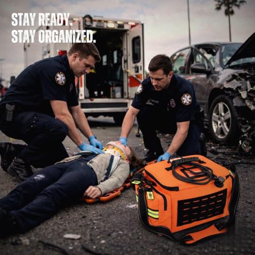 Lightning X Medium First Responder EMT Bag | LXMB25 | w/Reflective, Shoulder Strap & Zippered Compartments for First Aid + Trauma Supplies - Orange - color: Orange