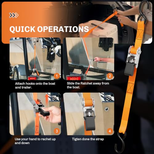 WELLUCK 304 Stainless Steel Boat Trailer Tie Down Straps 2400 LBS, 1 Inch x 4 FT Heavy Duty Ratchet Straps Transom Tie Downs to Trailer Marine Jet Ski Pontoon, High-Vis Orange Safety Harness - color: Silver(Stainless)