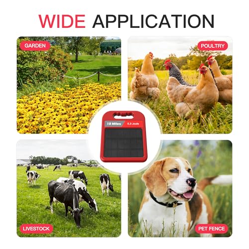 10 Mile Solar Fence Charger 0.3J Electric Fence Energizer with Day Night Mode 24-Hour Protection Red - size: 0.3J-Hong