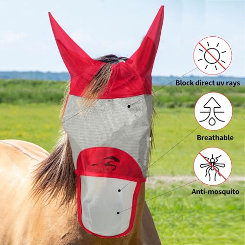 Horse Fly Mask with Long Nose and Ears,Red,Small Size