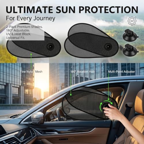 2PCS Car Side Window Shade, Adjustable & Rotatable Window Sun Blocker, Mesh Driver Side Sunshades for Heat & Glare Protection, Universal Fit for Most Cars (Black)
