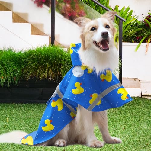 NACOCO Large Dog Raincoat Adjustable-Pet Rubber Ducks Yellow Water Proof Clothes Lightweight Rain Jacket Poncho Hoodies with Strip Reflective Blue (Blue L, Yellow Duck) - color: Blue Duck, size: Large (Pack of 1)