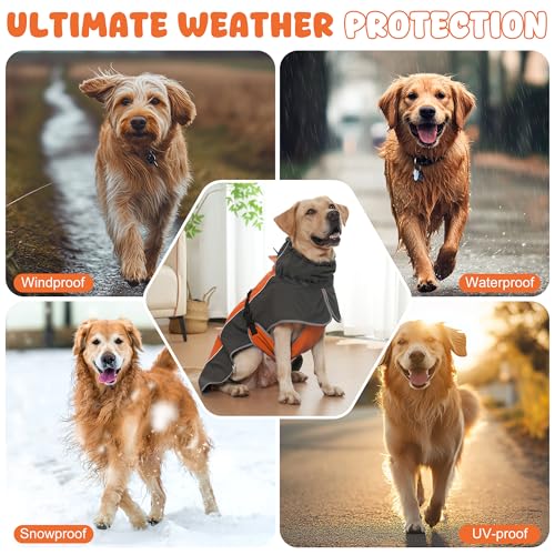 Dog Raincoat, Waterproof Dog Coat with Polar Fleece Lining - color: Orange, size: Large