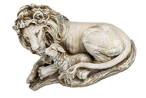 Joseph's Studio Lion and Lamb Garden Statue – 12.5" Religious Outdoor Décor – Peaceful Resin Sculpture for Yard, Patio, or Memorial Display