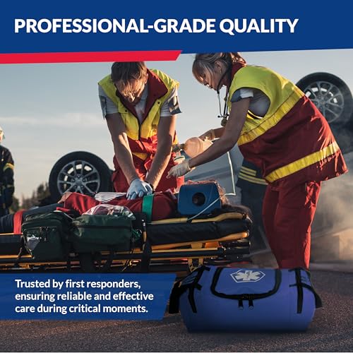 Fully Stocked Trauma First Aid Kit – First Responder II Bag with Tools, Gauze, Bandages, Scissors & Gloves – Compact & Portable – OSHA and ANSI Compliant – Blue - color: Blue