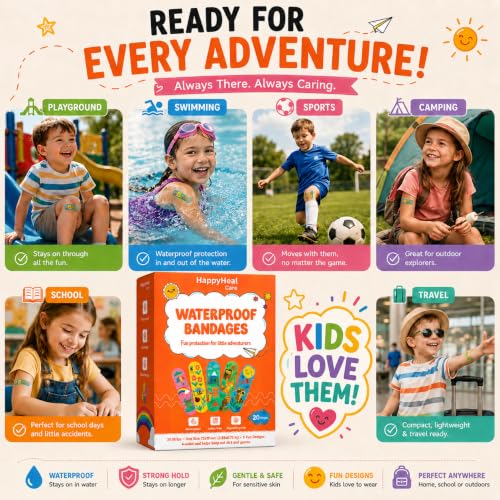 Waterproof Self-Adhesive Bandages, Sterile & Individually Wrapped, Fun Cartoon Designs, Latex-Free, Hypoallergenic, 4-Sided Seal, First Aid for Minor Cuts, Scrapes & Wounds