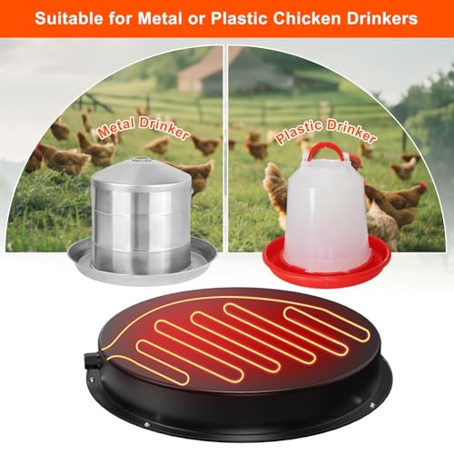 Chicken Water Heater for Winter, 15" Waterer Heated Base for 1-8 Gallon Metal Plastic Poultry Water, 110 Watt Heated Poultry Waterer with Thermostat for Chicken Duck Pigeon