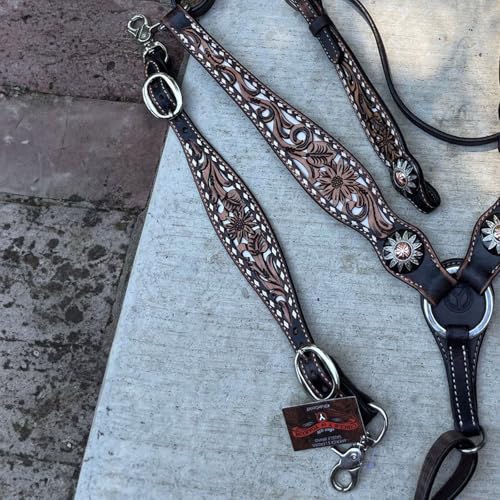 Circle Y White Daisy Filigree Tooling Durable Western Horse Size Adjustable Length Equine Wither Strap for Breast Collar with White Buckstitch Border
