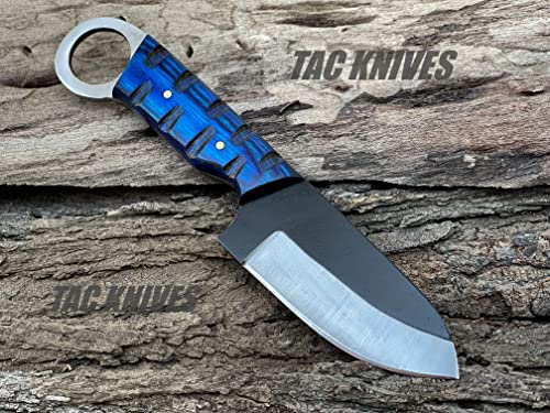 TAC KNIVES 7'' Full Tang Fixed Blade Outdoor Camping Hunting Knife In Sheath Gift For Him | 1095 High Carbon Steel Knife | SKINNER Gift | Cowboy knives | Pancake leather sheath (BLUE) - color: BLUE