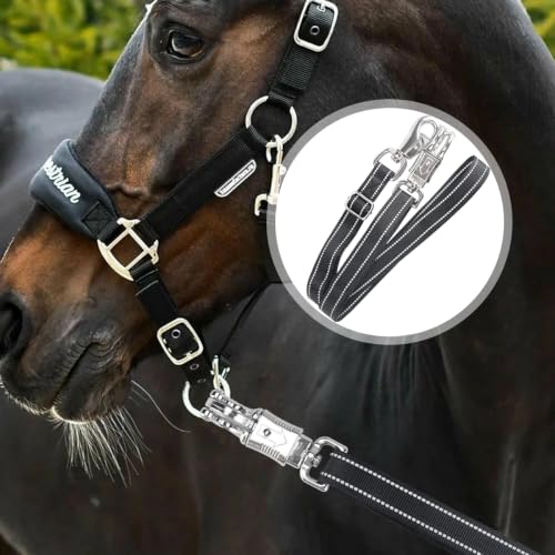 Duty Cross Ties for Horses, Heavy Nylon Cross-Tie Set Adjustable Nylon Horse Trailer Ties with Panic Snap and Bull Snap (45"-79"), Set with 2 Pack Tie Rings & 8 Matching Screws (Black)