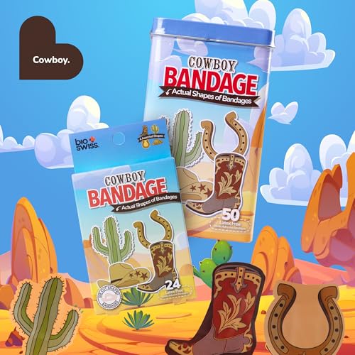 BioSwiss Bandages, Cowboy Shaped Self Adhesive Bandage Set, Latex Free, Sterile Wound Care, 24 Count - color: Cowboy, size: 24-Count Box