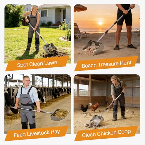 Chicken Poop Scooper & Rake 2-in-1,Stainless Steel Shovel Head Chicken Coop Scoop with 22 to 63" Adjustable Handle,Sifting Litter Shovel Scoop for Chicken Coop/Goat Stall/Stable Cleaning