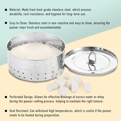 KSJONE Stainless Steel Round Paneer Maker/Mould/Strainer Perfect for Making Delicious Tofu, Stainless Steel Paneer Maker with Top Pressing Lid - Size 5.5"W x 5.5"L x 2.3"H inches - size: Round