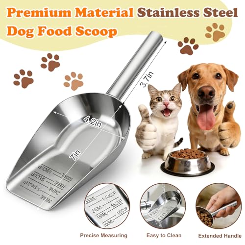 Dog Food Scoop Stainless Steel with Long Handle, Precise Measuring Cups - size: 1.5CUP