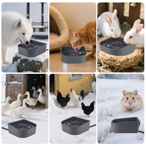Hanging Heated Water Bowl for Cats/Rabbits/Chicken/Dogs, 34 OZ Thermal-Bowl Heated Small Water Dish for Outdoor Animals Hang on Cage - color: Grey