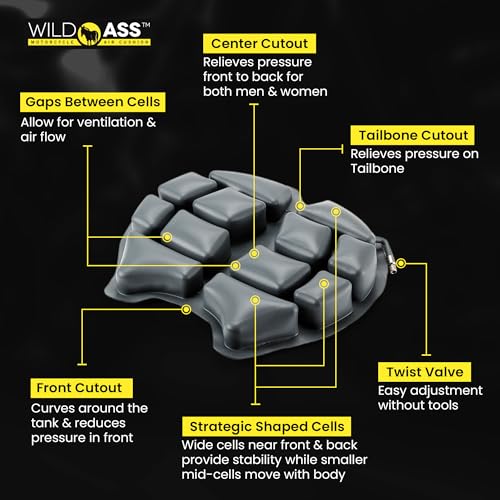 Wild Ass Saddle Classic - Motorcycle Air Gel Seat Pad, Ergonomic Air-Adjusting Cushion with Straps, Universal Fit for Ultimate Comfort & Relief, Cool Flow Motorcycle Accessory for Long Rides - Black - style: Classic