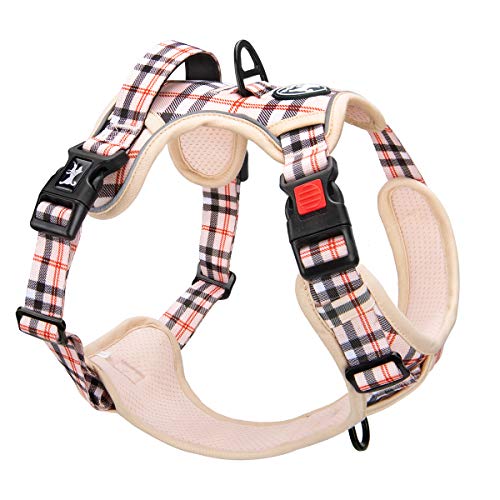 PoyPet Plaid Dog Harness Small, No Pull Vest with Front Clip & Neck Buckle - color: Checkered Beige, size: XS