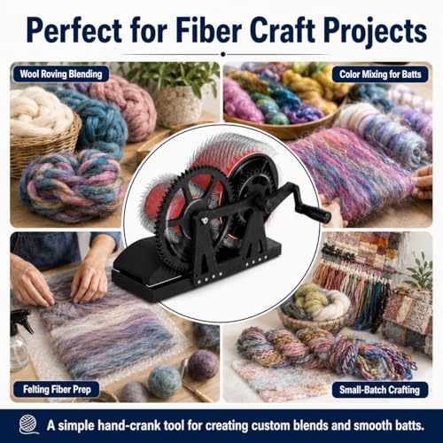 Manual Wool Carding Machine, Hand Crank Drum Carder for Wool Fiber Blending, Combing, Color Mixing, Felting, Spinning, Pom Pom Making and Pet Hair Processing, DIY Fiber Craft Tools