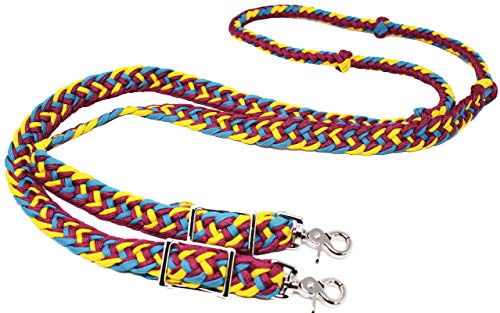 CHALLENGER Horse Western Nylon Braided 8 Ft. Knotted Roping Barrel Reins Purple Teal Orange 60737 - color: Turquoise/Burgundy/Yellow
