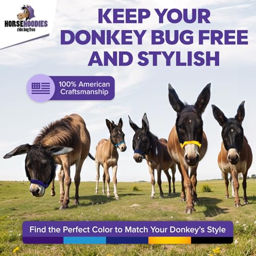 Donkey Fly Mask with Long Ears (Purple) Half Hoodie for Standard Donkey, Made in USA - Mule Fly Mask with Ears Protection from Insects and Bugs, Face Cover Soft Mesh Fabric with Adjustable Fastener - color: Purple, size: Large Donkey