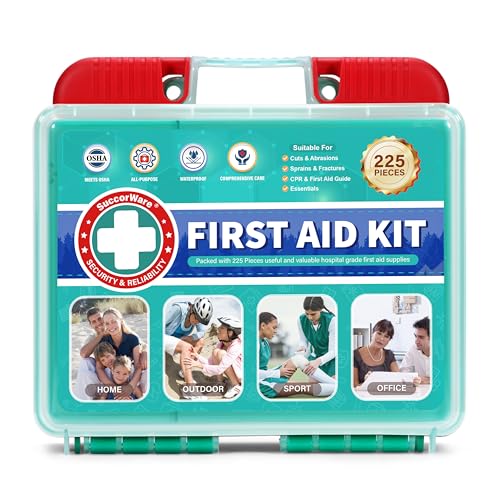SuccorWare 225 Pieces First Aid Kit, Includes Ice Pack, Adhesive Bandages, Wound Gauze Pads, Portable First Aid Bag for Home, Car, Business, Travel, Outdoor Emergency Medical Kits