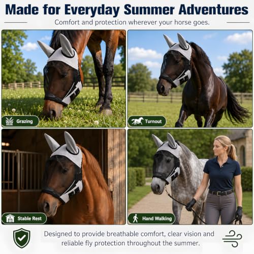 Breathable Horse Fly Mask with Ears and UV Protection (M) | Soft 3D sandwich mesh, UV protection for summer, lightweight and comfortable, blocks insects effectively. - size: M