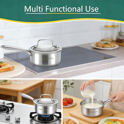 DELARLO Full-body Clad Tri-ply Stainless Steel 1.5 Quart Saucepan with Lid - color: Silver, size: 1.5QT/SS