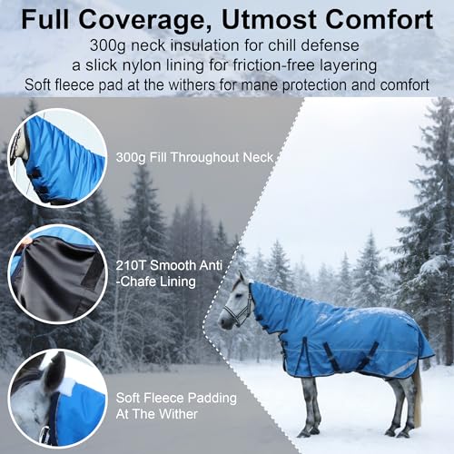 1680D Heavyweight Horse Blanket with 300g Insulation in Body and Hood, Full Neck Combo, Waterproof Breathable Insulated Winter Turnout Blanket Cyanblue 78 - size: 78"