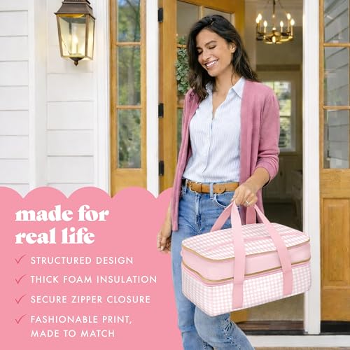 Fit & Fresh Insulated Double Decker Casserole Carrier for Hot & Cold Food | Fits two 9x13" pans, Expandable, Leak-Resistant, Durable, Portable Food Carrier For Potlucks, Tailgating, Picnics, Parties - color: Pink Gingham