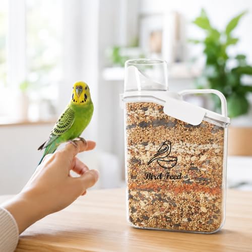 Bird Seed Storage Container,2.8L Airtight Bird Food Container with Handle and Measuring Cup,Portable Pet Food Container for Wild Bird Sunflower Seed-BPA Free Transparent/White - color: WHITE BIRD