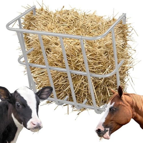 Large Capacity Wall Mounted Hay Feeder, Heavy-Duty Steel 22.8 x 14.6 x 20 Inch Slow Feeder for Horses, Goats, Sheep & Rabbits, Silver Livestock Feeding & Watering Supplies