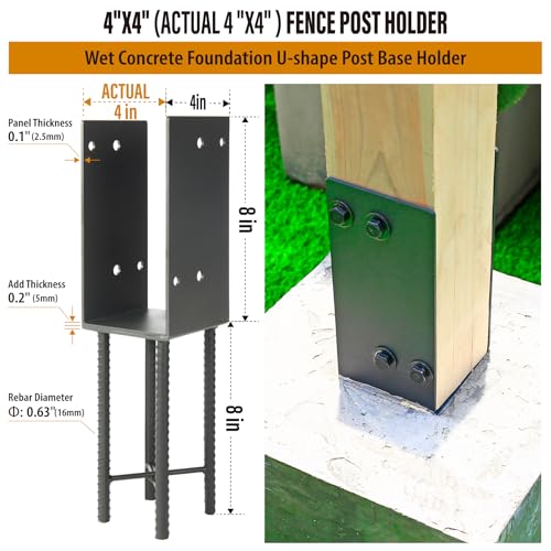 2 Pack Heavy Duty Stainless Steels U-Shape 4"x4"(Actually 4"x4") Wet Concrete Fence Post Holder, Psot Base, for Fence, Deck Railing, Pergola Wood Post Bracket Anchor (Dark Grey) - size: 4″x4″(Actual 4"x4")