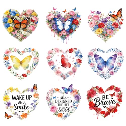 arricraft 9 Sheets Heart Plant Iron on Stickers, Butterflies Heart Flowers Pattern Print Transfer Stickers Decals for DIY T-Shirt Jeans Backpacks Families Clothing Hat Decoration Applique - style: Butterflies Heart Flowers Theme