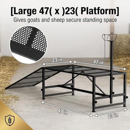 47"L Heavy Duty Goat Milking Stand with Detachable Ramp, 500lbs Capacity Sheep Trimming Station, Professional Livestock Grooming Platform with 4-Level Adjustable Headlock for Hoof Care