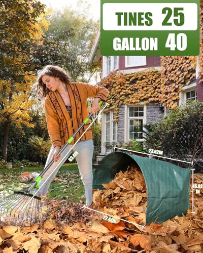 63.4 Inch Adjustable 18 Tines Metal Leaf Rake Set with 40 Gal Dustpan Bags | Adjustable garden rake, Leaf scoop set, Lawn debris collector, Metal tine rake,Outdoor yard tool,Garden shrub & grass sweeper - style: Green Rake Set