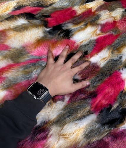 Faux Fur Fabric Long Pile Tribal Patchwork 58" W/Sold by Continuous Yard/Multicolor Fashion Fur Soft Sewing Blend Plush Craft Costume Paws Animal Fur Suit Fursonas Cosplay Coats (Pink White Black) - color: Multi-color (Pink White Black)