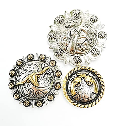 Horse TACK Antique Engraved Berry Conchos Screw Back Cross Badges Longhorn Steer Leather Craft Bukle 12pcs Mixed