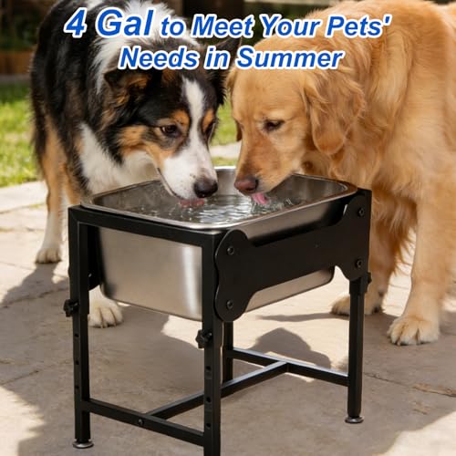 YUEPET Outdoor Elevated Dog Water Bowl, 4 Gallon Raised Bowl for Large Dogs | 4 Heights Adjustable, 4 Gal Extra Large Stainless Steel Bowl, Raised Dog Water Bowl with Stand, Food and Water Use - size: 4 Gallon