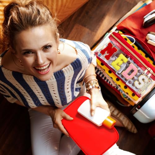 Geetery Chenille Letter Bag, Meds Cheer Travel Cases Cheerleader Gifts Cosmetic Bag Nylon Makeup Portable Preppy Patch with Zipper Toiletry Storage Case for Women(Red,Meds) - color: Red, style: Meds
