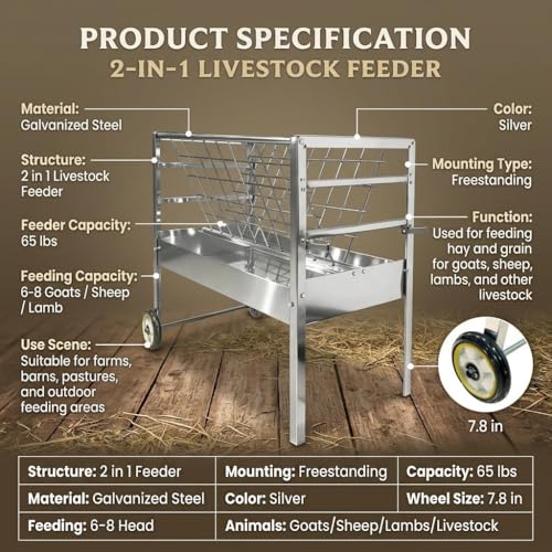 Heavy Duty 2-in-1 Goat Feeder, Hay and Grain Livestock Feed Trough with Wheels, Mobile Feeding Station for Goats Sheep in Pasture or Barn