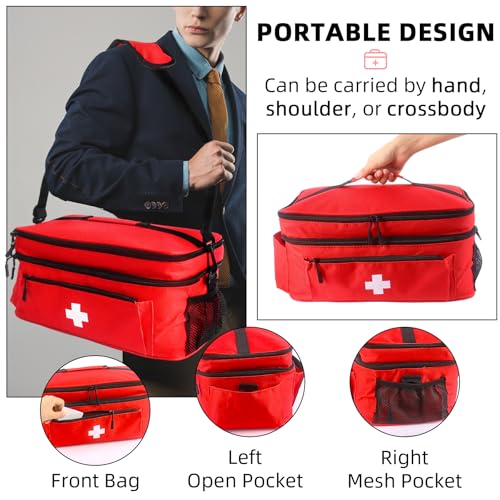 First Aid Bag Empty Large 16x8.3x7 inch with Adjustable Shoulder Strap, Medical Organizer for Pet First Aid Kits, Home Travel Camping Emergency Supplies Storage (Red)