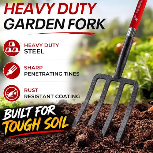 Digging Spading Fork Forged Steel with D Grip Handle 41” Premium 4-Tine Spading Digging Fork Sturdy Metal D-Grip Multi-Purpose Virtually Unbreakable Gardening Tool