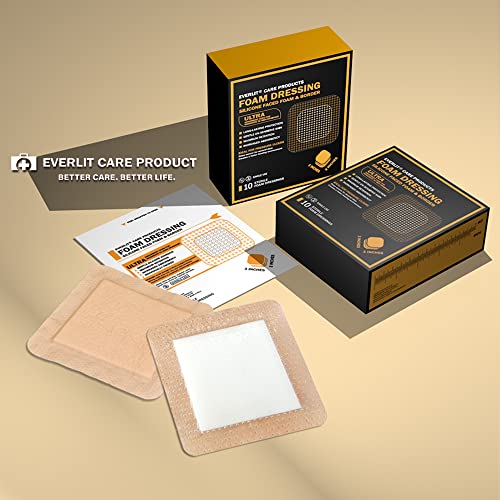 EVERLIT Care Silicone Foam Dressing with Adhesive Border | Highly Absorbent Hypoallergenic Bandages for Chronic Wounds, Bed Sores, Pressure Ulcers | Gentle & Secure Adhesion (3" x 3" | 10 Pack) - size: 3" x 3" | 10 Pack