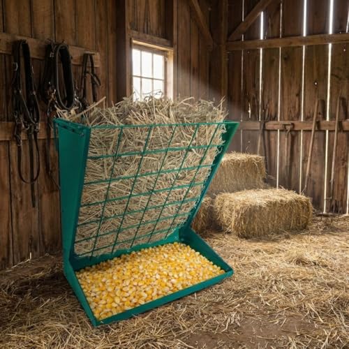 Wall Mount Hay Feeder for Goats, 2 in 1 Hay & Grain Livestock Feeders Rack, Hanging Sheep Cattle Feed Box with Steel Net, Wall Mounted Goat Hay Rack for Farm, Barn, Stable, Green - color: Green