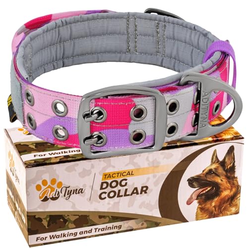 ADITYNA Heavy Duty Dog Collar for Medium Dogs with Traffic Handle - color: Camo Pink Purple, size: Medium: Fit 15-19" Neck