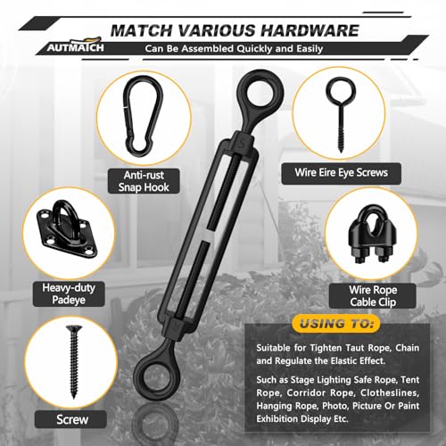 AUTMATCH M5 Eye & Eye Turnbuckle - 304 Stainless Steel Wire Rope Tensioner | Adjustable Turnbuckle for Cable Railing, Fence & Shade Sail Hardware, Wire Rope Tension Kit, 6-Pack, Black - color: Black Tone - Eye & Eye, size: M5