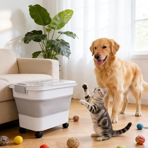 Dog Food Storage Container 25-30lbs, Airtight Pet Food Bin with Transparent Lid, Collapsible Design with Rolling Wheels & Scoop, Space-Saving, Light Gray - color: Light Gray-M