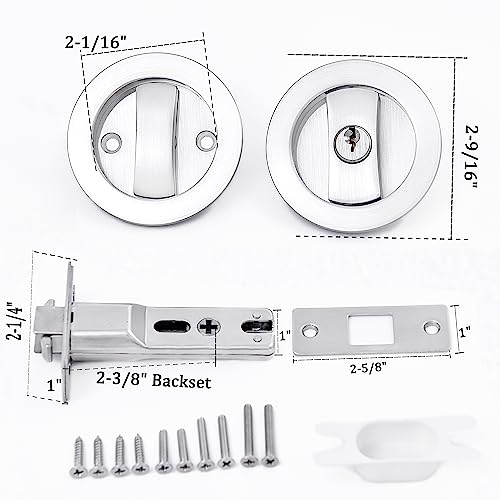 Dontay Pocket Door Keyed Lock, Round Contemporary Entrance Sliding Barn Door Lock Latch, Recessed 2 Sided, 2-3/8 inch Backset, Flush Handles Hardware(Brushed Nickel,2) - color: Brushed Nickel