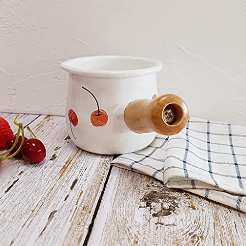 Enamel Milk Pot, Small Saucepan Butter Warmer Pot | 4 Inch 17 Oz with Wooden Handle for Heating Smaller Liquid Portions ,Handy for One Person - color: Cherry